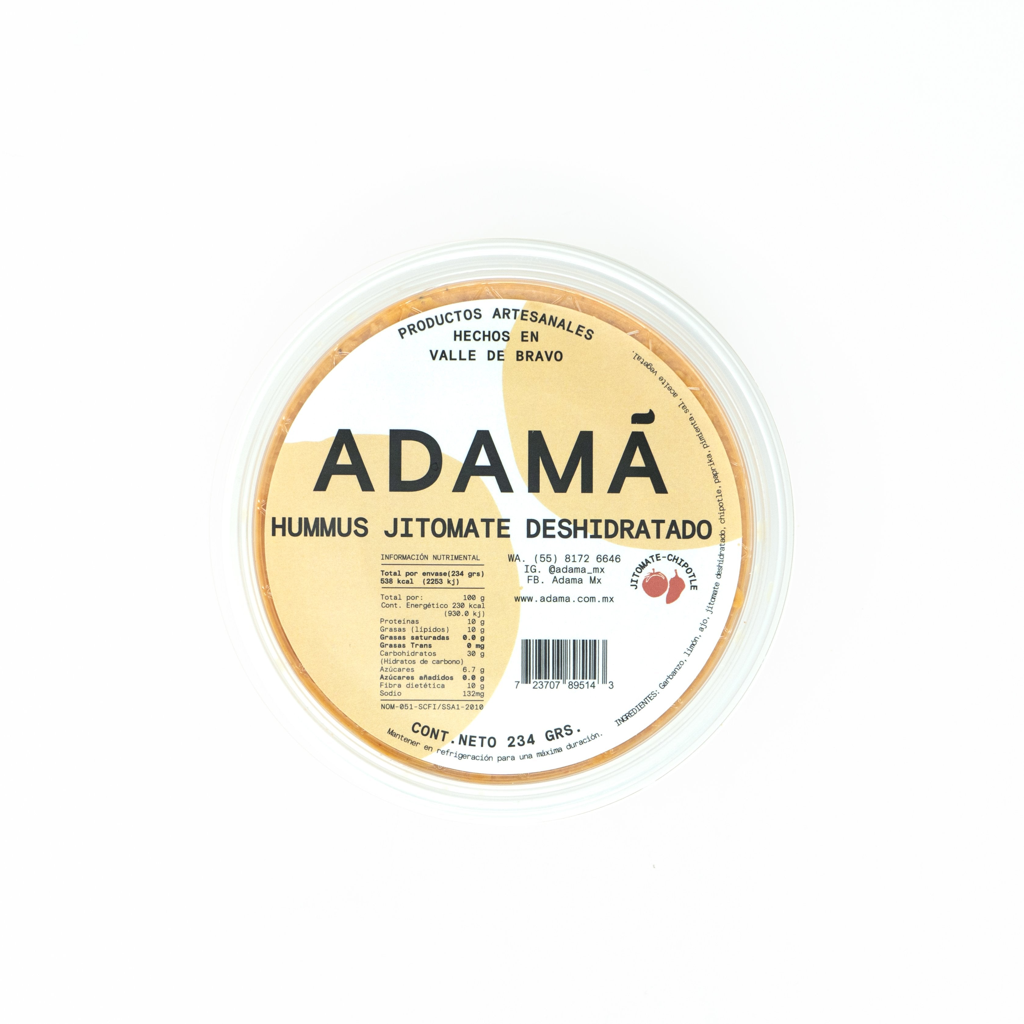 Envase de Hummus Jitomate Deshidratado Con Chipotle 235g marca Adamá 