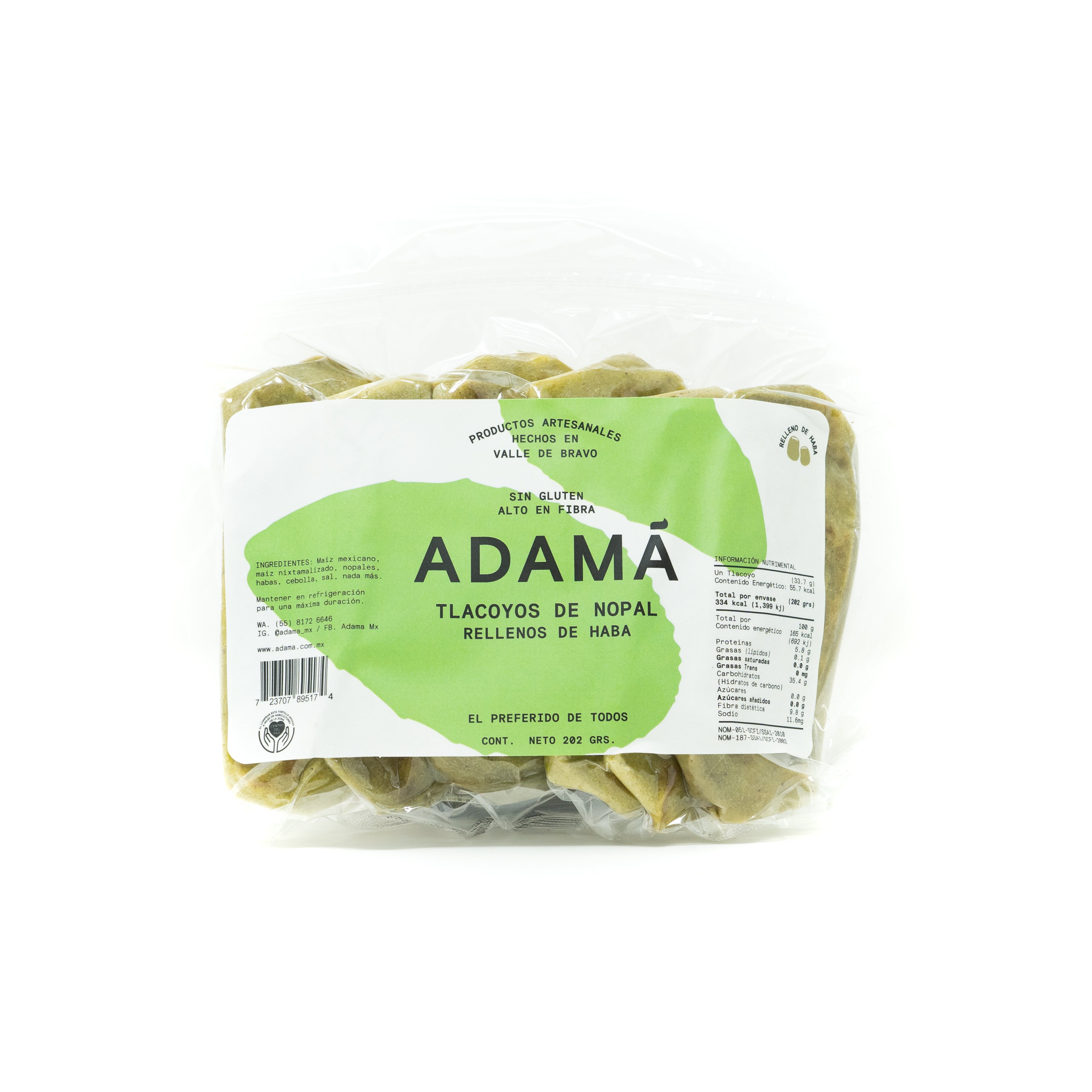 Empaque de Tlacoyo De Nopal Haba 202g marca Adamá 